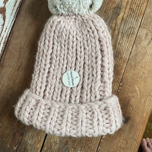 Lemon Pink Chunky Hand Knit Pom Beanie - Picture 3 of 7